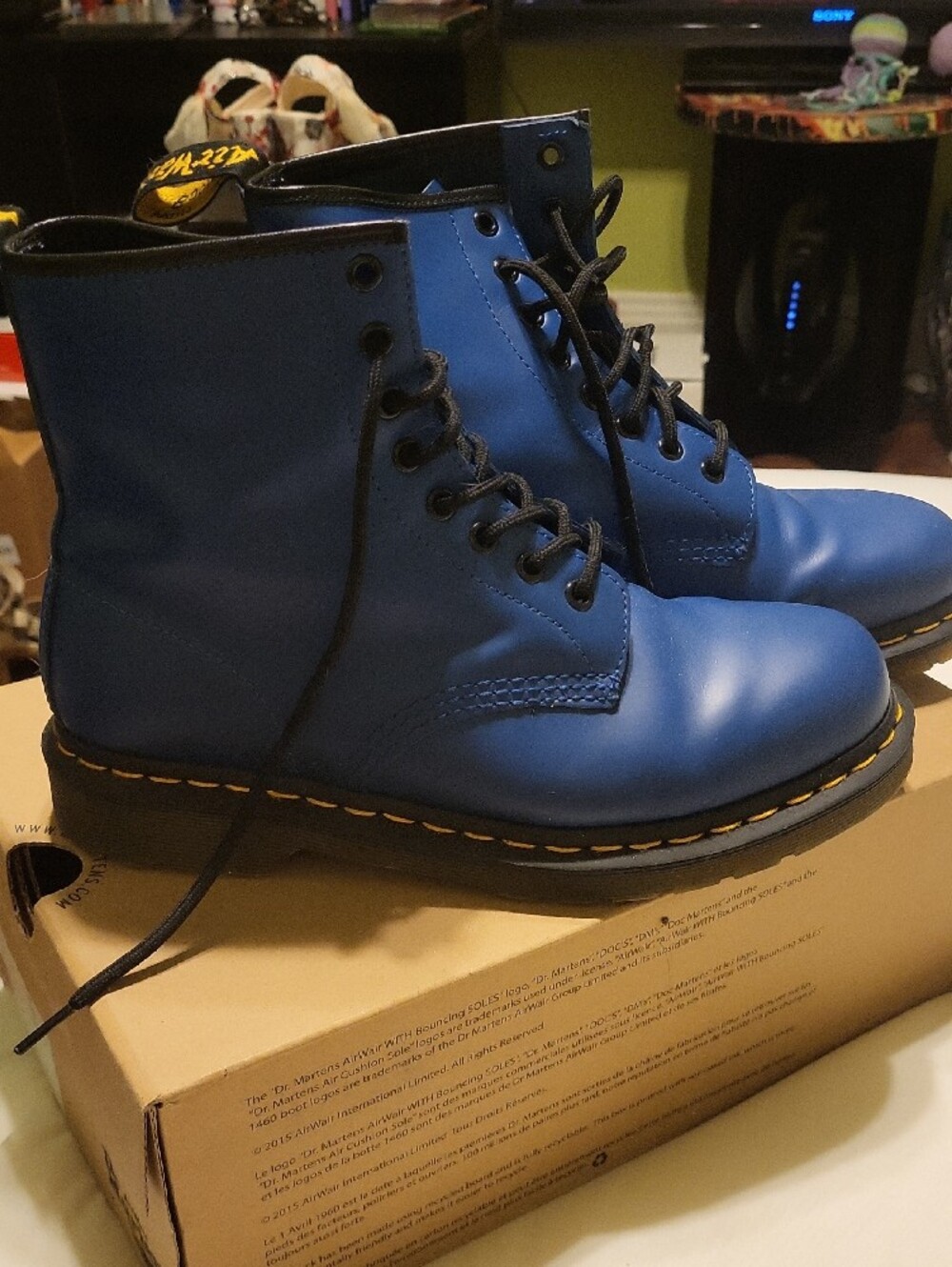 Dr. Martens Blue Leather Combat Boots with Yellow Stitching - Picture 4 of 7